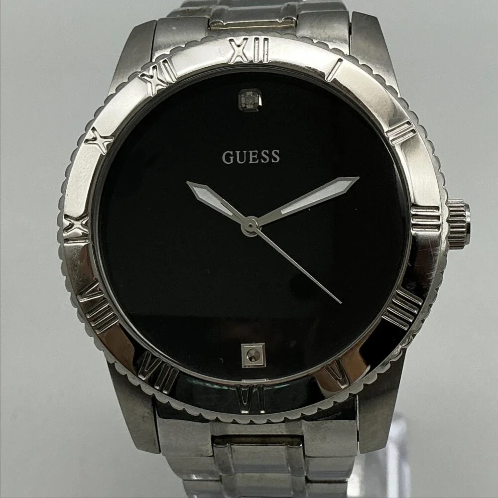 Guess Mens Watch 42mm Black Dial Stainless Bracelet 100M WR New Battery 6.75